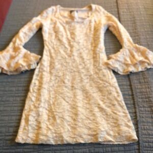 Vintage 90’s Lace cream Dress with bell flounc sleeves. Lined. Date night. Fairy